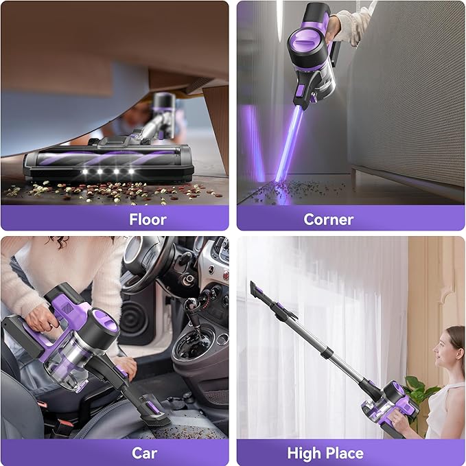 DEVOAC S10 Cordless Vacuum Cleaner, 45Kpa 50mins Lightweight Stick Vacuum with Powerful Suction for Home, Rechargeable, Self-Standing, Handheld Vacuum Cleaners for Hardwood Floors, Carpets Violet-PawvioPets