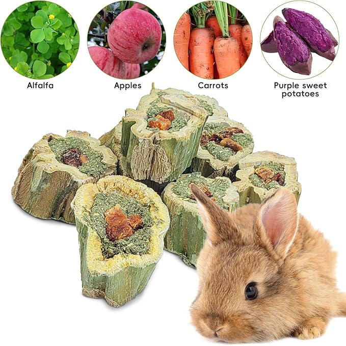 Fhiny Rabbit Chew Toys Natural Baked Papaya Wood Bunny Molar Treats Contain Alfalfa Grass Apple Carrot and Purple Sweet Potato Filling for Hamsters Guinea Pigs Chinchillas Teeth Grinding(0.44 lb)-PawvioPets