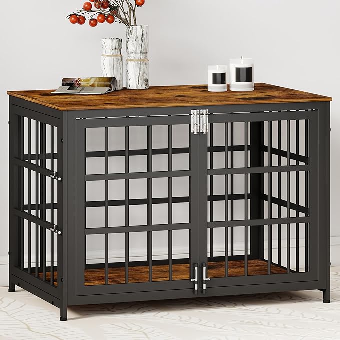38 Inch Heavy Duty Wooden Dog Kennel End Table with Double Door Design and Secure Locks, Indoor Pet Crate Furniture for Medium Dogs, Decorative Home Cage Design,Aged Black-PawvioPets