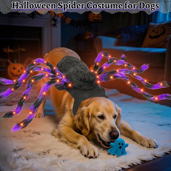 Camlinbo 24 LED Spider Dog Halloween Costume for Small Medium Large Dogs, Furry Spider with LED Lights Puppy Pet Costume Outfits Clothes Funny Halloween Costume Party Cosplay-PawvioPets