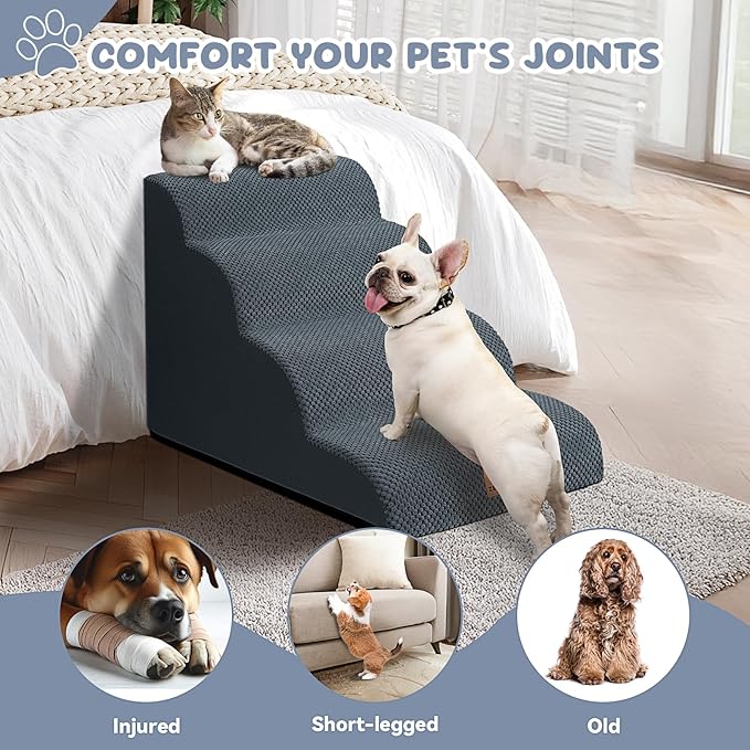 Dog Ramp and Stair for Bed 16" H-20 H,3-Step Cat Stair for Sofa and Chair,4-Step Dog Ramp for High Bed and Window,Durable Nonslip Fabric Cover for Indoor (Dark Grey-20 H, Pet Friendly, 4)-PawvioPets