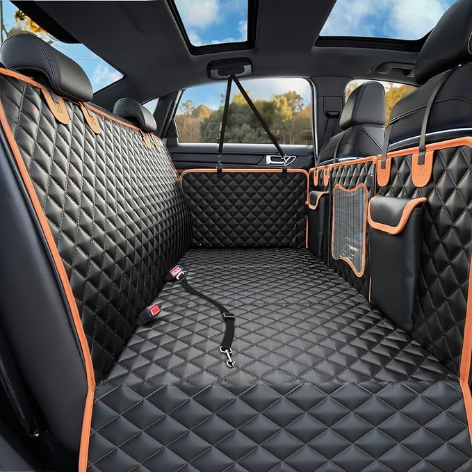 Back Seat Extender for Dogs,Dog Car Seat Cover for Back Seat with Hard Bottom Holds 500 lbs,Car Seat Protector,Waterproof Extender for Dogs,Dog Hammock,600D Nonslip,Pet Bed for Cars,SUVs, Small Trucks-PawvioPets