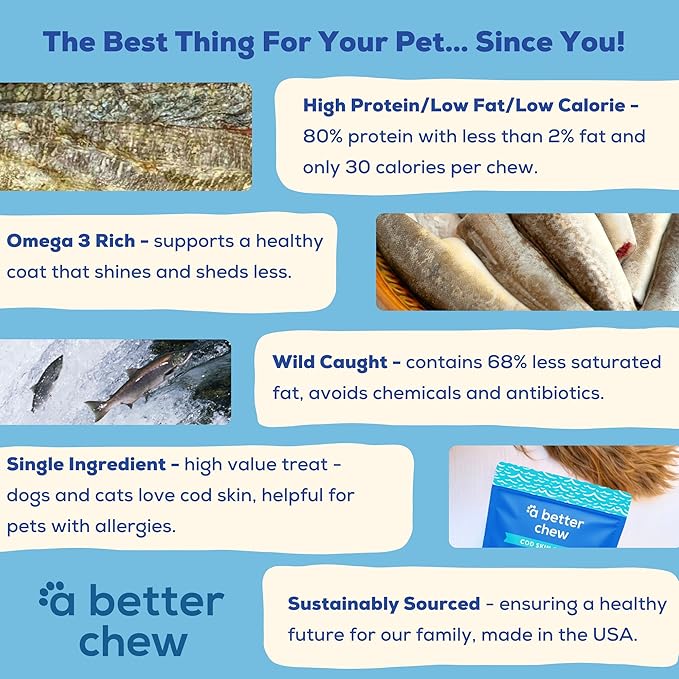 A Better CHEW – Wild Caught Cod Skin Dog Treats | Sourced and Made in The USA, Single Ingredient, Dehydrated | Natural, Healthy Alternative to Rawhides + Bully Sticks, Long Lasting Chew-PawvioPets