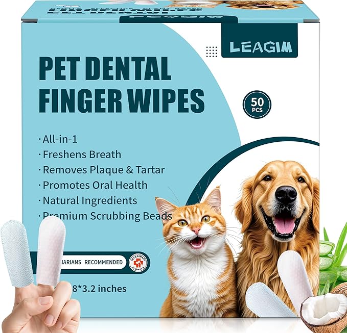 Dog Teeth Cleaning Wipes, Cat & Dog Toothbrush Brushing Kit, Dog Tooth Finger Dental Wipes to Remove Tartar & Plaque, Plant-Based Care Disposable Pet Wipes (50 Count, Uncented)-PawvioPets
