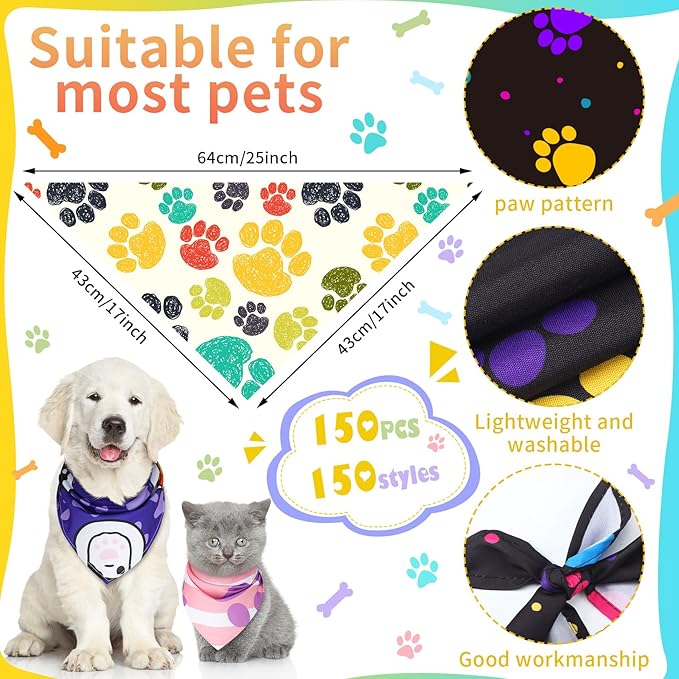 150 Pcs Dog Bandanas Bulk Pet Bibs Colorful Triangle Scarf Pet Bandanas for Medium Large Dogs Spring Summer Birthday Costume Decoration (Paw)-PawvioPets