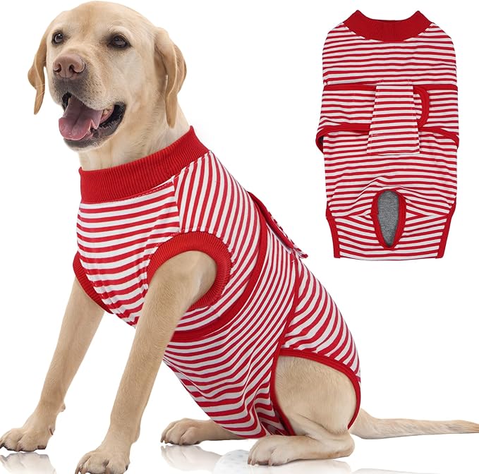 FUAMEY Dog Recovery Suit Male,Dogs Surgery Neuter Suits Puppy Spay Shirts for Female Protect Dog's Skin Anti Licking Abdominal Wounds Doggie Onesie Pet Bodysuit Alternative to Cone Red Stripes XXL-PawvioPets