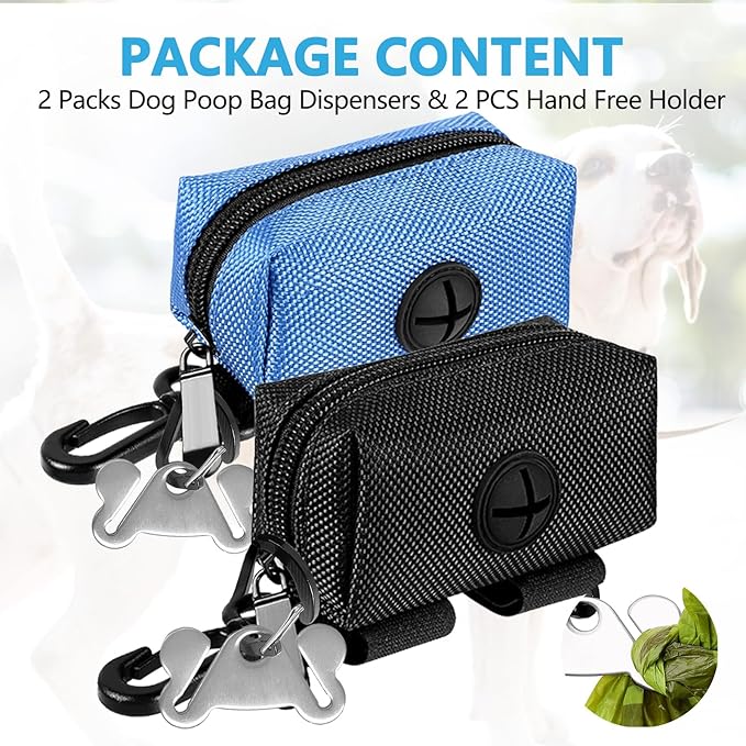Dog Waste Bag Dispenser Pet Poop Bags Holder for Doggie Waste Bags Dispensers Soft Fabric Zipper Small Doggy Puppy Pouch for Leash Accessory Attachment with Carrier,2PCS Blue&Black-PawvioPets