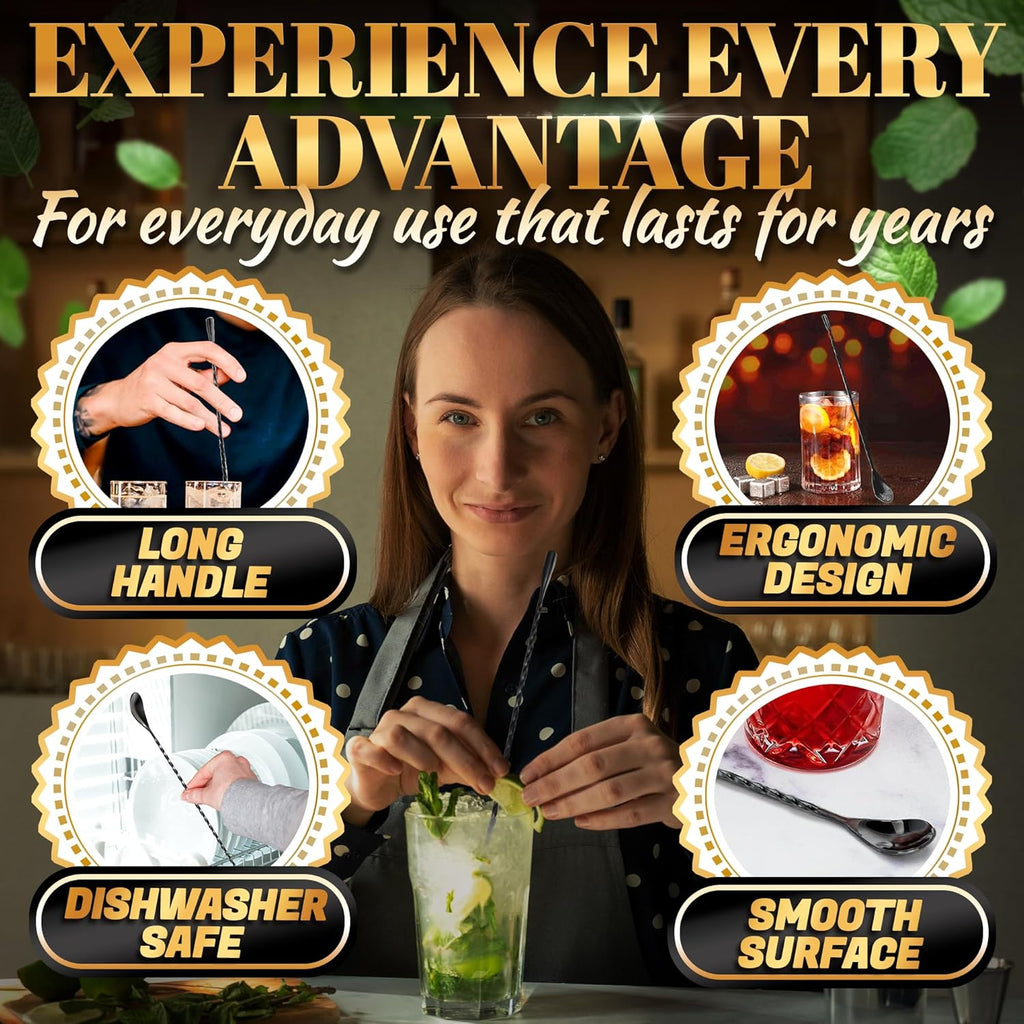 4 Pcs Bar Spoon Cocktail Mixing Spoon Set – 12" Stainless Steel with Twisted Spiral Handle Stirring Spoons, Good for Cocktails, Iced Tea, & Drink Mixing Lovers | Caviar Spoons