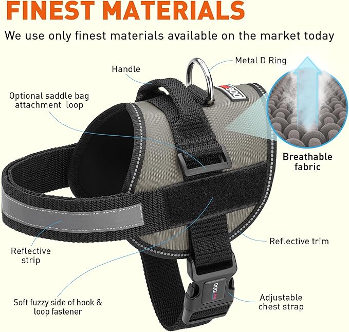 Dogline Dog Harness, Reflective No-Pull Adjustable Vest with Handle for Walking, Training, Service Breathable No - Choke Harness for Small, Medium or Large Dogs Room for Patches Grey XL 33"-46"-PawvioPets