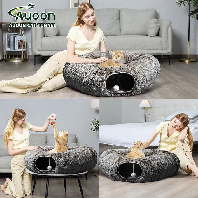 AUOON Cat Tunnel Bed - Cat Donut Tunnel with Soft Plush Circle Cushion for Indoor Cats Kitten Kitty Puppy Rabbit Ferret (Brown)-PawvioPets