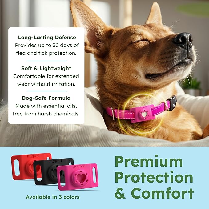 BugMD Paw Guardian Flea and Tick Prevention Pendant for Dogs with AirTag Holder | Plant-Powered Flea & Tick Control for Dog Collars Harnesses | Dog Tag with Air Tag Holder - Pink-PawvioPets