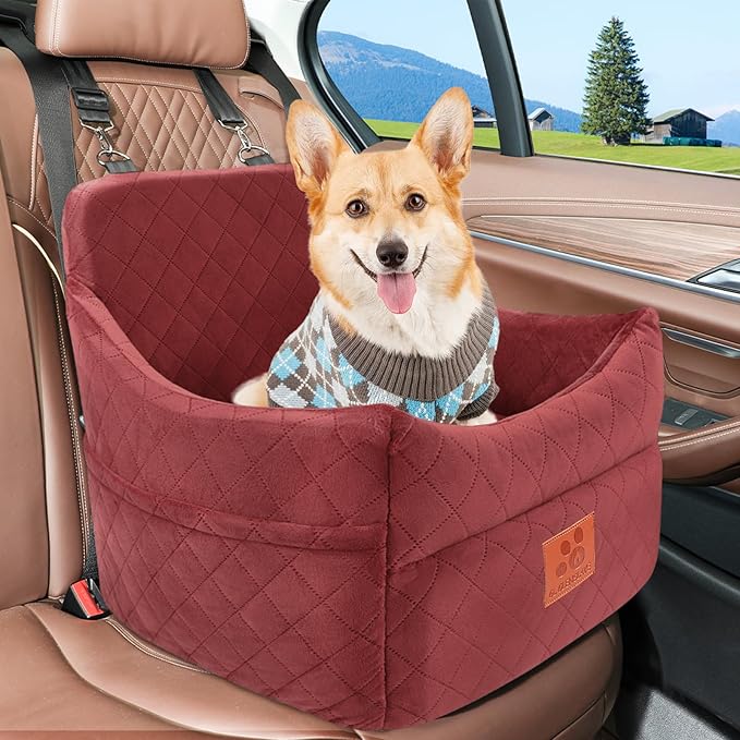 Dog Car Seat for Small/Medium Dogs, Dog Booster Car Seats with Thick Cushion for Dogs Under 35lbs, Detachable Washable Pet Car Seat with Storage Pockets, 2 Safety Belts(Red)-PawvioPets