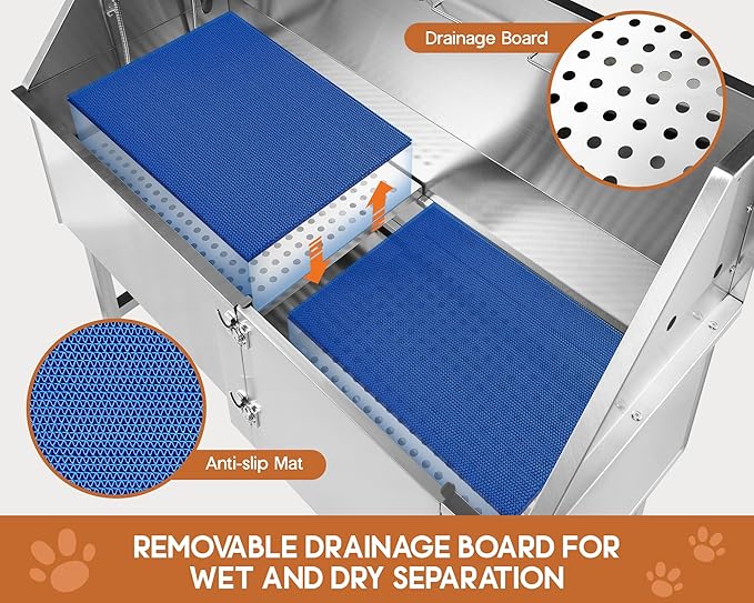 Albott 50-Inch Stainless Steel Dog Washing Station with Anti-Slip Steps, Sprayer, Faucet, and Soap Box – Professional Pet Bathtub for Medium/Small Pets, Ideal for Home, Garage, and Grooming(Left)-PawvioPets