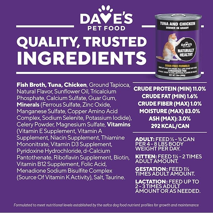Dave's Pet Food Grain Free Wet Cat Food (Tuna & Chicken Dinner in Gravy), Naturally Healthy Canned, Added Vitamins & Minerals, Wheat & Wheat Gluten-Free, 13 oz (12 Pack)-PawvioPets