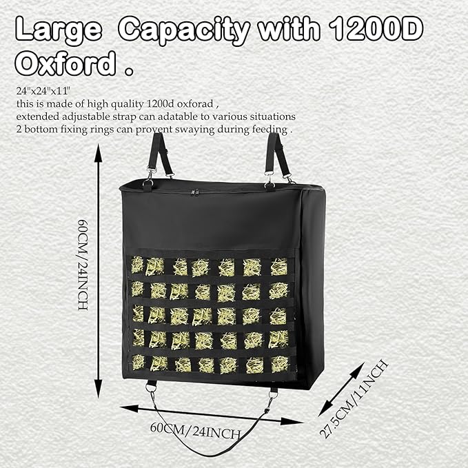 1Pcs Hay Bag for Horse,1200D Oxford Fabric Slow Feed Bags with Front Hay Nets Design and Heavy Duty Zipper Large Top Load Feeding Bag for Horses and Livestock,Black-PawvioPets