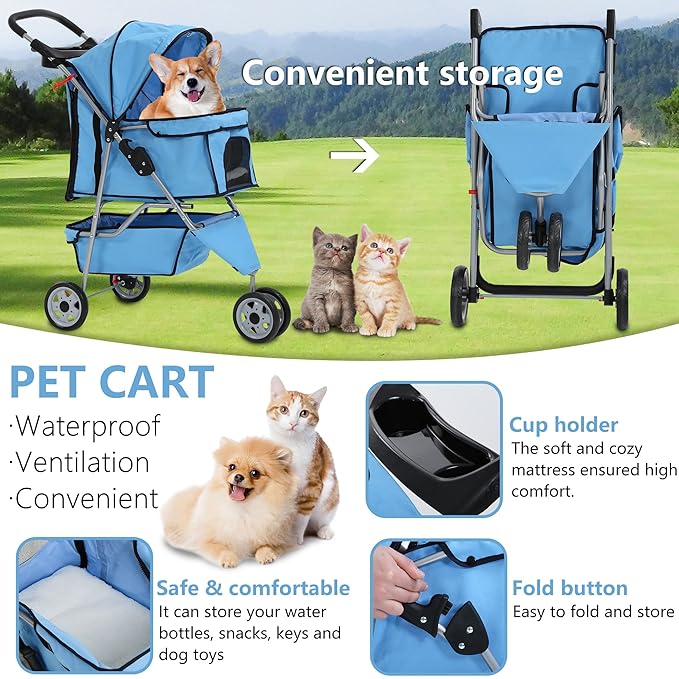Dog Stroller,3 Wheels Travel Folding Pet Stroller for Small Medium Dog Cat Jogger Stroller with Storage Basket Removable Liner Blue-PawvioPets