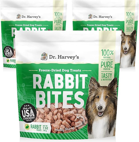 Dr. Harvey's Rabbit Bites Freeze-Dried Raw Dog Treats - Single Ingredient, All-Natural Rabbit Meat Protein for Dogs, Allergen-Free - 7 Ounces (3 Pack)-PawvioPets