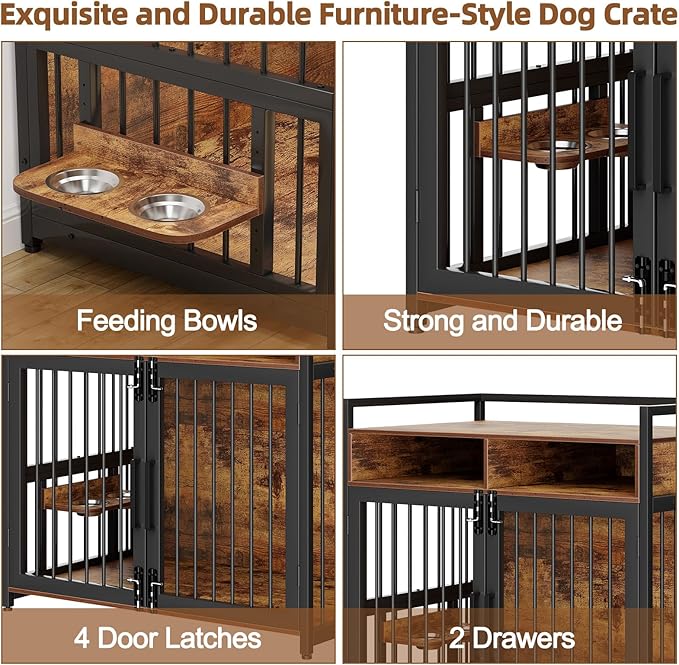 Furniture Style Dog Crate with Storage, 48 Inch Dog Crate Furniture with Double Doors, 2 Stainless Steel Bowls, Dog Crate Furniture-Style Crate for Large/Medium Dog-PawvioPets