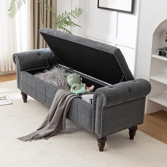 58’’ Storage Bench for Bedroom, Upholstered Button-Tufted Ottoman with Solid Wood Legs, Large End of Bed Shoe Cabinet, Window Seat Foot Rest Stool for Entryway, Closet, and Living Room (Dimgray)-PawvioPets