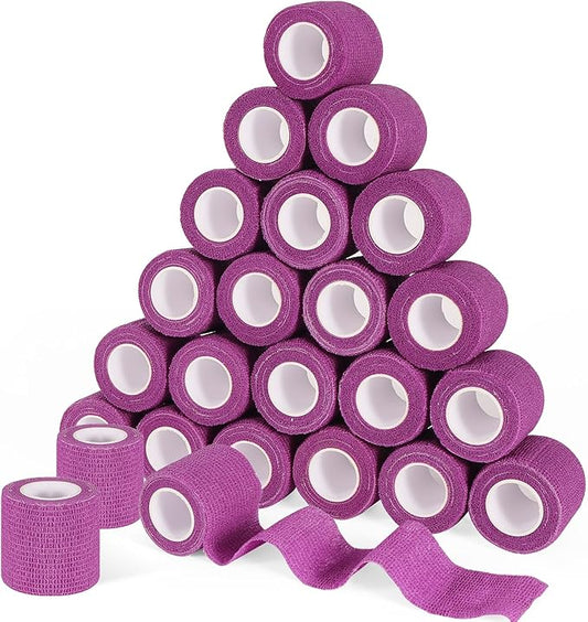 24 Pack 2 Inch x 5 Yards Self Adhesive Bandage Wrap, Elastic Cohesive Wrap 2 inch Vet Wrap Bandage Tape, Purple Grip Tape for Athletic, Sports, First Aid Medical, Wrist, Ankle Sprains-PawvioPets