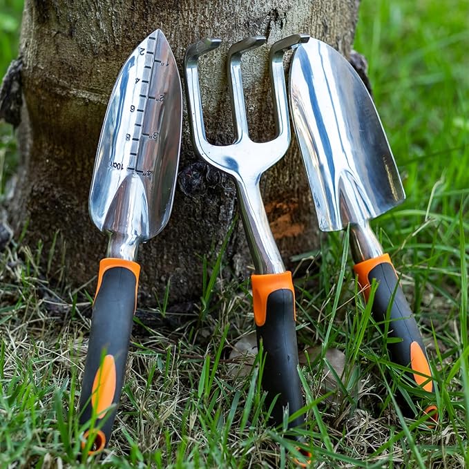 ESOW Garden Tool Set 7 PCS, Includes Cast-Aluminum Heavy Duty Hand Trowel, Transplant Trowel, Hand Rake, SK-5 Steel Gardening Scissor, Plant Tie, Bag & Gloves, Tool Kit Gifts-PawvioPets