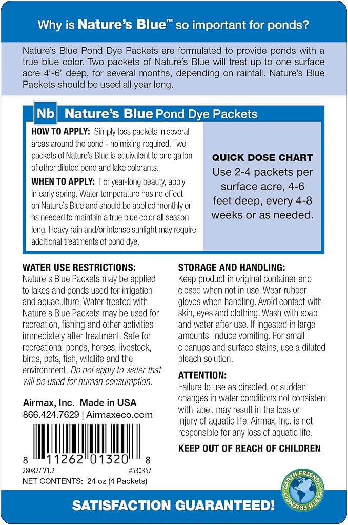 Airmax Pond Dye Packets Nature's Blue Colorant for Large Pond & Lake, Beneficial UV Blocking Color Concentrate, Maintain Clean & Clear Water, Fish Safe, Easy Treatment, 2 Soluble Packets-PawvioPets
