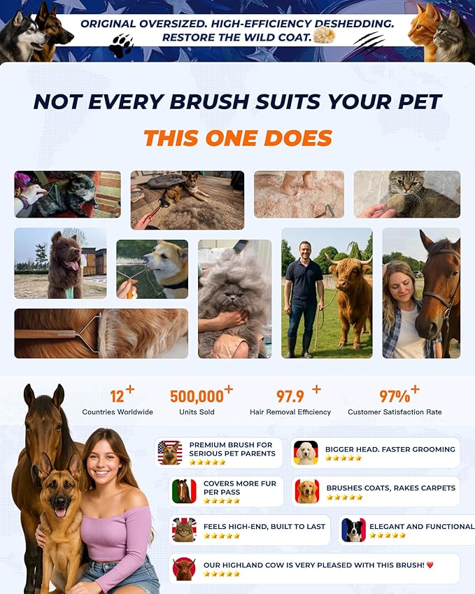 Extra Large 2-Sided Undercoat Rake for Dogs & Cats, Dog Brush for Shedding Remove Mats, Dematting Comb, Safe&Gentle Grooming Brush for German Shepherds Medium to Long-Haired Pets,Premium Wooden Handle-PawvioPets