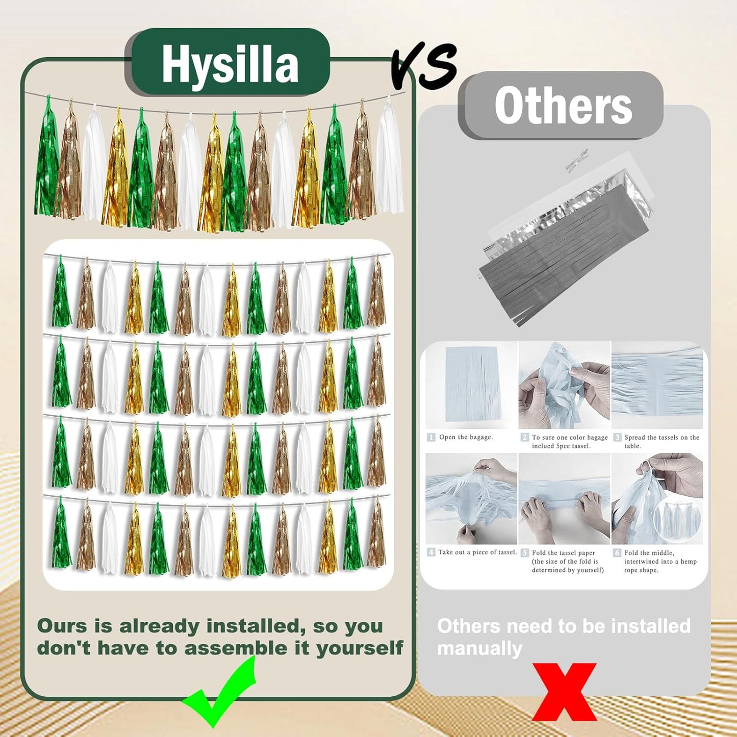 8P Sage-Green Beige-Mint Gold Foil Fringe Metallic Tassel Garland Banner, Tassels Banner Streamers for Parade Floats, Bachelorette, Wedding, Birthday, Christmas, Bridal/Baby Shower Party Decorations