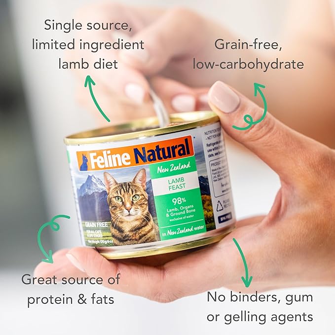 Feline Natural New Zealand Canned Catfood Wet Food, High-Meat, Low-Carb, & Grain Free Cat Food Wet, Lamb Feast, 6 oz, Pack of 12-PawvioPets