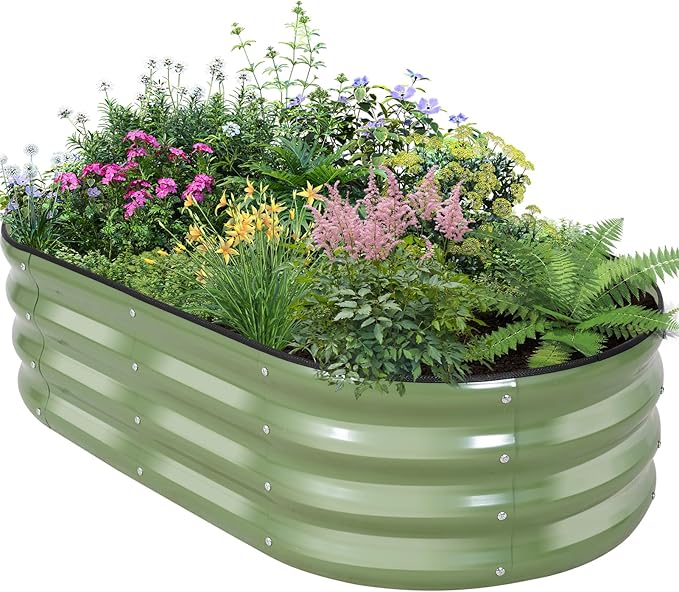 Galvanized Raised Garden Bed Outdoor - 4×2×1ft Planter Raised Beds for Gardening | Oval Metal Garden Planter Box with Safety Edging and Gloves for Vegetables Fruits and Flowers OliveGreen-PawvioPets