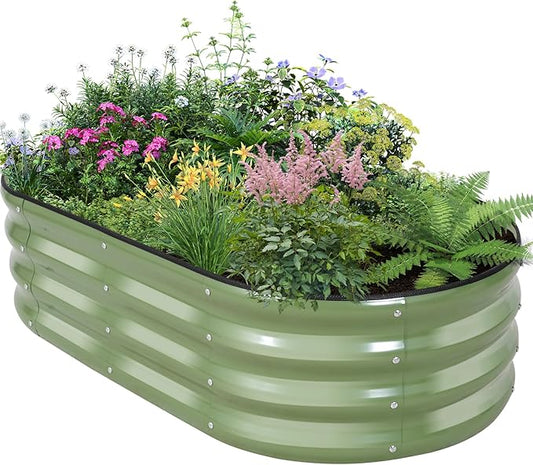Galvanized Raised Garden Bed Outdoor - 4×2×1ft Planter Raised Beds for Gardening | Oval Metal Garden Planter Box with Safety Edging and Gloves for Vegetables Fruits and Flowers OliveGreen-PawvioPets