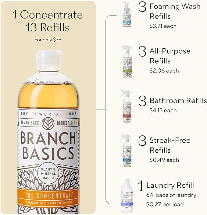 Branch Basics Premium Starter Kit: All Purpose, Glass, and Bathroom Cleaner plus our Foaming Wash, and Laundry Bottle (3 Plastic Spray Bottles + Concentrate) Fragrance-Free-PawvioPets