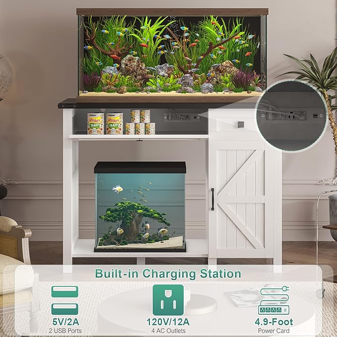 40 Gallon Aquarium Stand With Charging Station, Farmhouse Fish Tank Stand, Reptile Tank Stand Terrarium Stand with Drawer and Cabinet Storage, Sturdy Heavy Duty 41.9"×18.3" Tabletop - White-PawvioPets