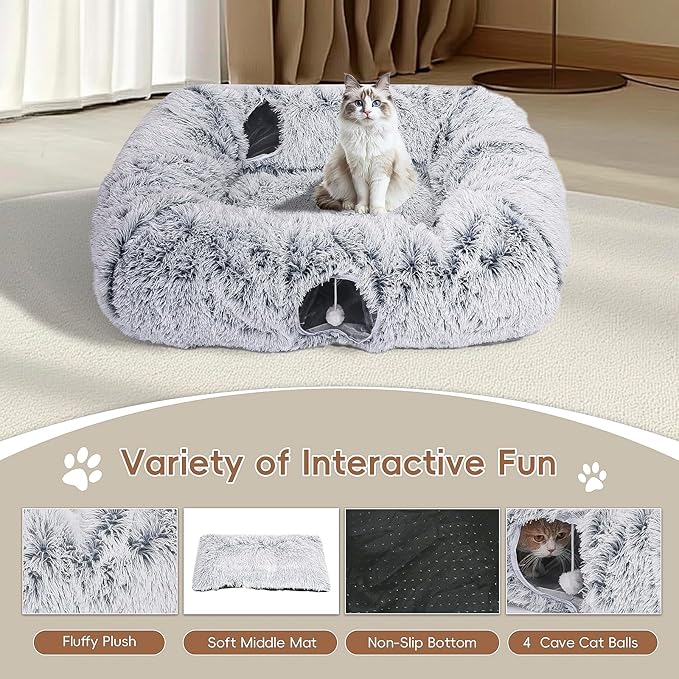 Extra Large Cat Tunnel Bed, 4 Ways Tunnels for Indoor Cats, Multi-cat Family Peekaboo Cave & Cat Bed, Plush Cat Donut with Washable Middle Mat, Exit Balls, Pet Play Toy for Kitten Puppy Rabbit-PawvioPets