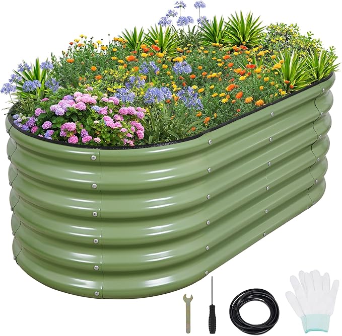 1MORE Galvanized Raised Garden Bed- Planter Garden Boxes Outdoor, Raised Beds for Gardening, 4x2x1.4ft Metal Garden Bed Kit for Vegetables Flower, Planter Raised Bed with Protective Tape & Tools.Green-PawvioPets