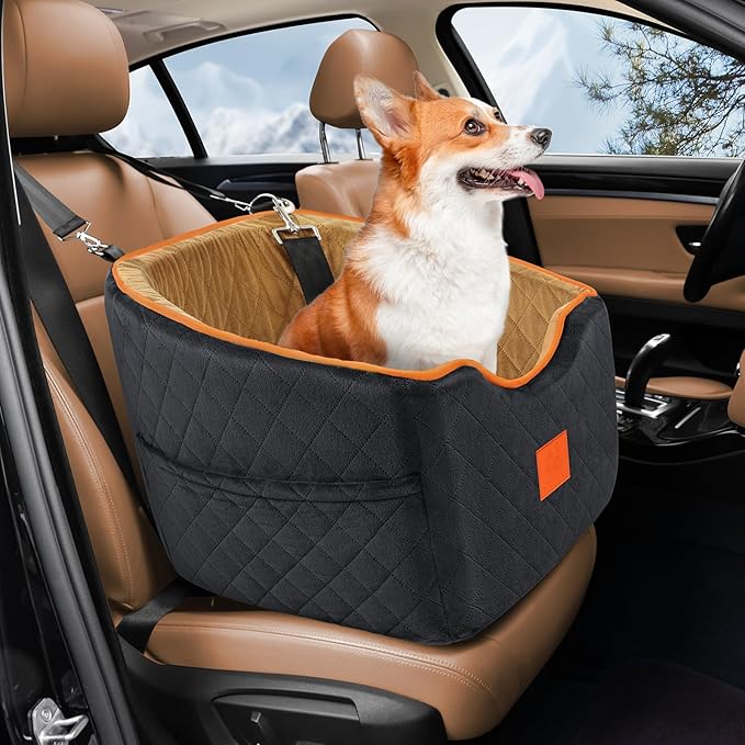 Dog Car Seat for Small Dogs, Memory Foam Booster Dog Seat for Dogs up to 35 lbs, Elevated Pet Car Seat with Washable Removable Cover, Storage Pockets-PawvioPets