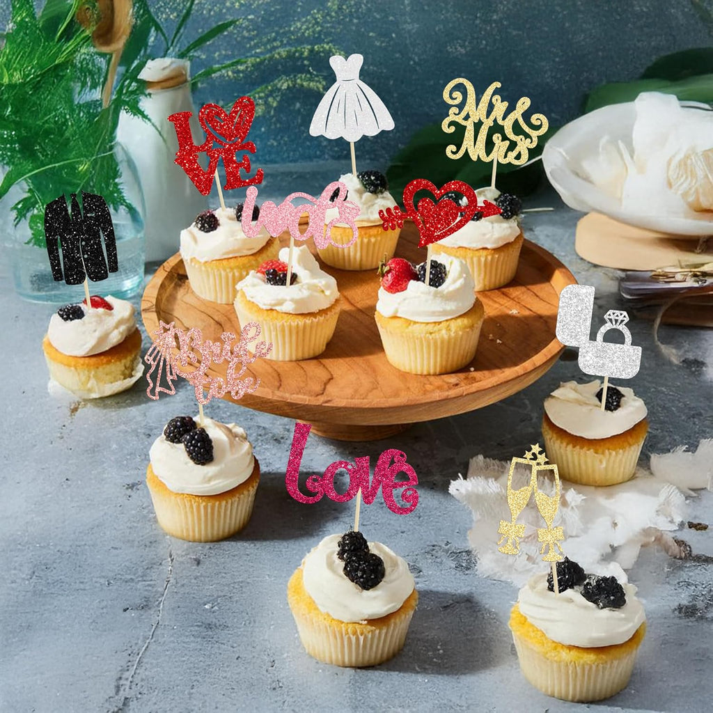 Ephlyn 30Pcs Bride to be Cupcake Toppers Glitter Wedding Cake Topper Decorations I Do Love Heart Ring Cupcake Picks for Bridal Shower Wedding Engagement Party Supplies Multicolor
