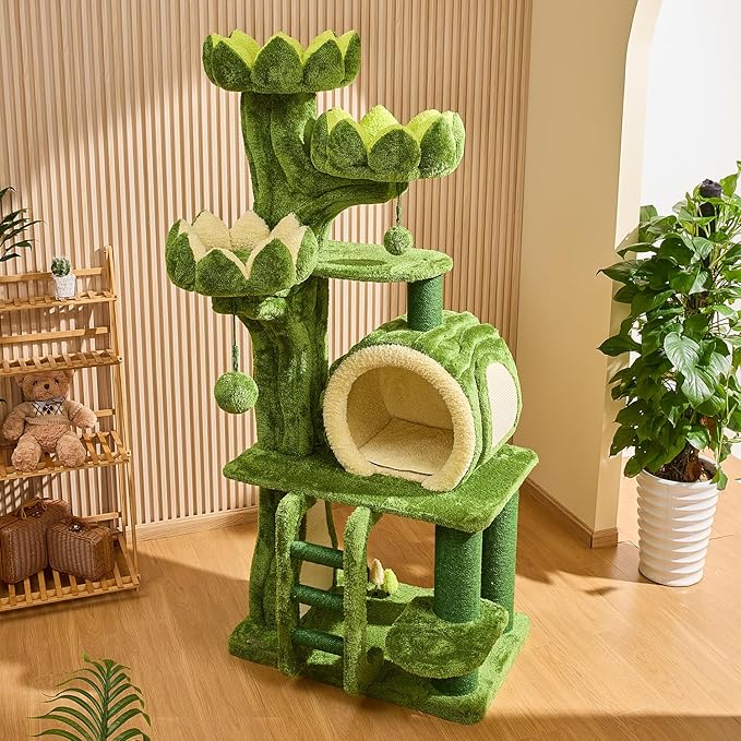 80.35'' Luxury Cat Tree for Indoor Cats, All-in-One Tall Flower Tower with Scratching Post, Multi-Level Heavy Duty Cat Tree for Indoor Cats, Solid Wood Cat Condo for Multi-Cat Families-PawvioPets