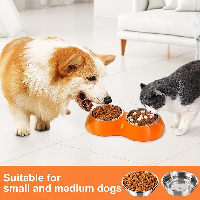 Elevated Dog Bowls Set - Non-Slip Raised Pet Feeder with Medium (10 oz) & Large (20 oz) Stainless Steel Bowls - Includes Durable Resin Stand for Puppies, Adult Dogs & Cats - Orange-PawvioPets