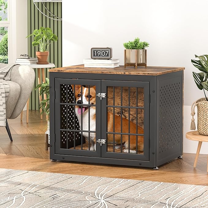 32" Heavy Duty Dog Crate Furniture for Small and Medium Dogs, Metal Kennel for High Anxiety Dogs, Chew Proof Pet Cage Indoor, Decorative Dog Kennel End Table-PawvioPets