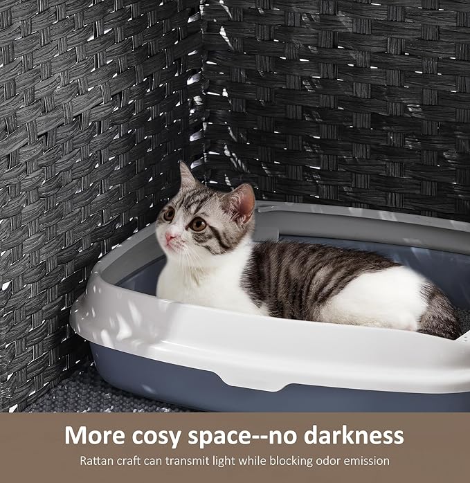 Cat Litter Box Enclosure with Soft Litter Mat; Hidden Kitten Washroom Furniture with Door; Handwoven Rattan Cat House; Pet Crate for Living Room, Bedroom, Balcony (Grey)-PawvioPets