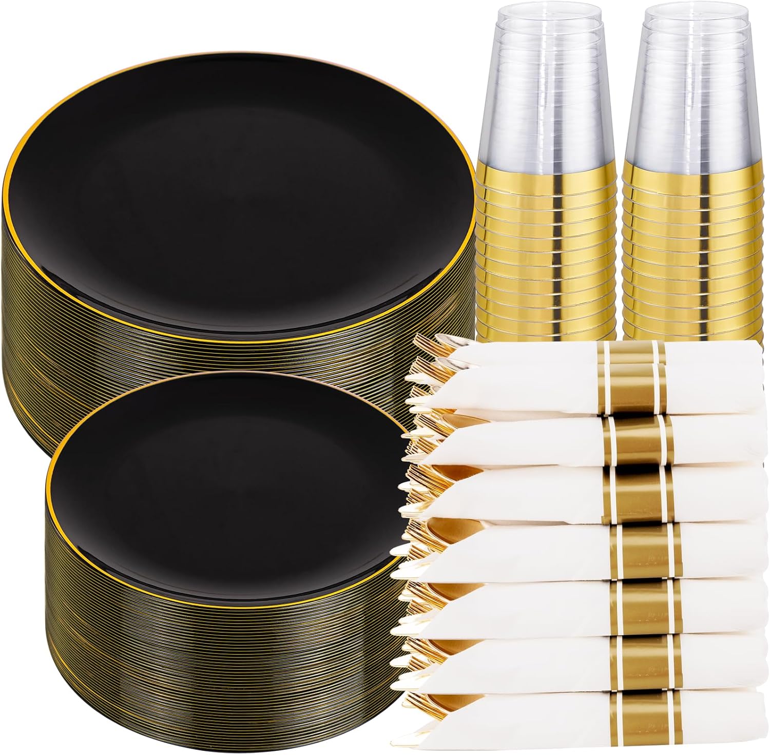 KIRE 350 PCS Plastic Dinnerware Set for 50 Guests - Black and Gold Plates 50 for Dinner 50 for Dessert & 50 Pre Rolled Napkins with Disposable Silverware 50 Cups for Halloween Party/Banquet/Wedding