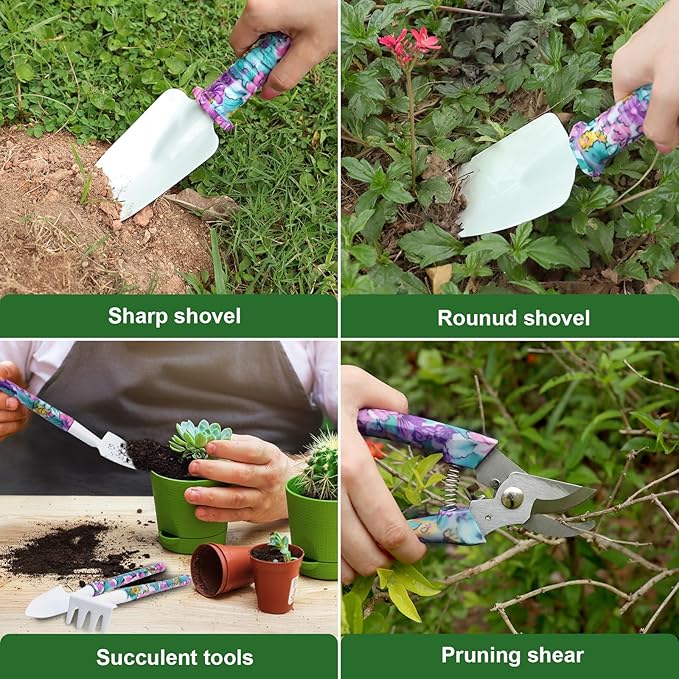 Gardening Tool Set 10-Piece, Heavy Duty Garden Tool Set with Purple Floral Tote Bag and Gift Box, Gardening Tools Kit with Ergonomic Non-Slip Handle, Ideal Gardening Gifts for Women Mom-PawvioPets