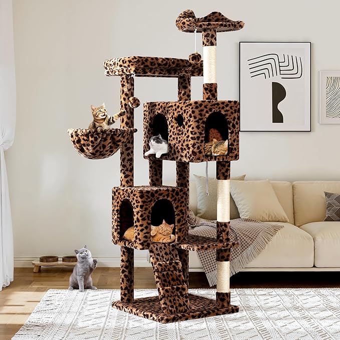 Allewie 64 Inches Cat Tree Tower/Multi-Level Activity Center for Indoor Big Felines/2 Plush Condos/2 Perchs/Basket/House/Sisal Scratching Posts/Hanging Cat Toys/Leopard Print-PawvioPets