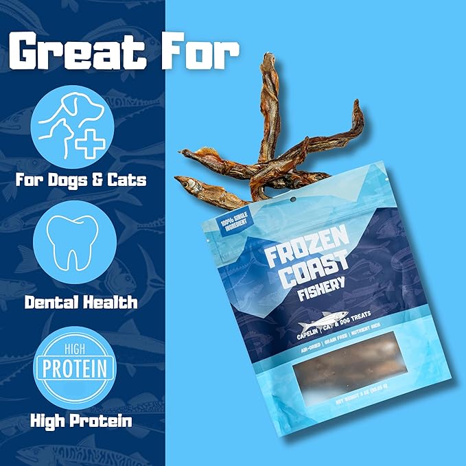 Frozen Coast Capelin Cat & Dog Treats- Single-Ingredient, All-Natural, High-Protein, Omega-3s, Fish Snacks (3 oz Bag)-PawvioPets
