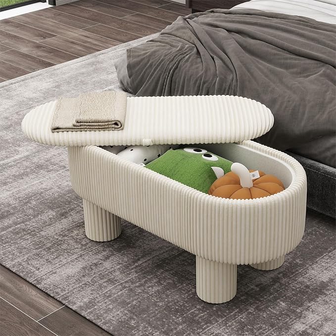 Corduroy Storage Ottoman Bench, 43" Upholstered Oval Footrest with Hidden Storage, Modern Design with Solid Wood Legs for Bedroom, Living Room, and Entryway Furniture, White-PawvioPets