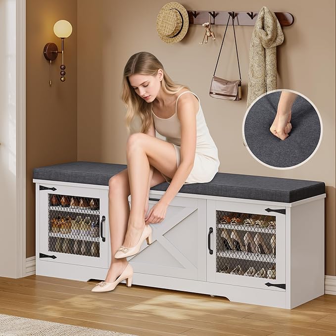 Farmhouse Storage Bench with Flip Drawers & Padded Seat Cushion, Half Hidden Shoe Rack Organizer, Adjustable Shelf Shoe Cabinet for Large Family, Entryway, Bedroom, Living Room (White)-PawvioPets