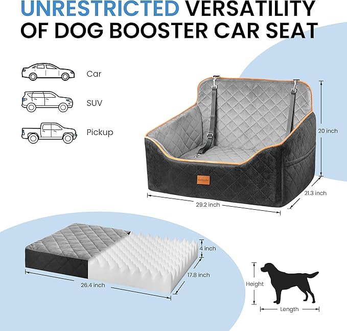 Dog Car Seat for Medium Dogs - Pet Car Seat with 2 Safety Straps & Waterproof Padding, Portable Pet Carrier for Cars, Trucks & SUVs, Comfortable Booster Bed for Pets Up to 55lbs (Black/Grey)-PawvioPets