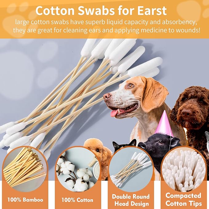 200 PCS 6 Inch Long Cotton Swabs in Box - Professional Large Cotton Swabs with Bamboo Handle - Double Sided Dog Ear Swabs - Specially Designed Big Cotton Swabs for Dog Ear, Cleaning Solution-PawvioPets