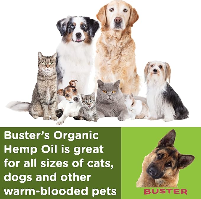 Buster's Organic Hemp Oil Large 60 Milliliters 2Pack 4Month Supply for Dogs Cats Max Potency Made in USA Omega Rich 3 6 and 9 Hip and Joint Health, Natural Relief, Calming-PawvioPets